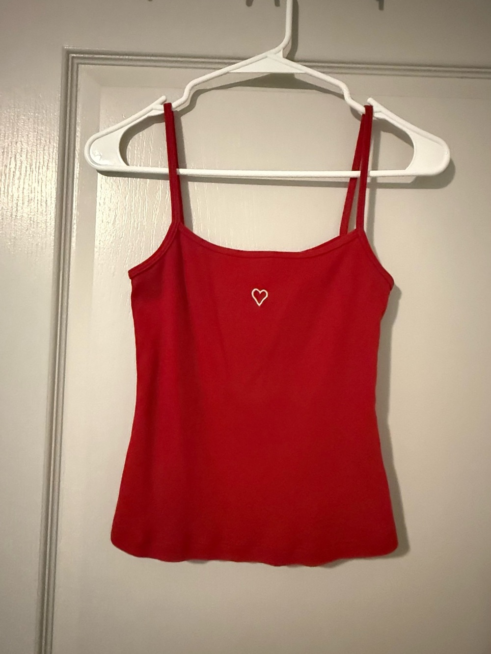 Reformation Avi Tank Top | Red Slim-Spaghetti Strap Camisole with Heart Accent